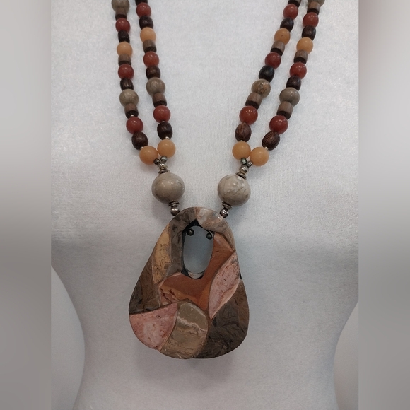 Jewelry - Vintage Stone and Wood Beaded Necklace Geometric Inlay Pendant Neutral Colors
